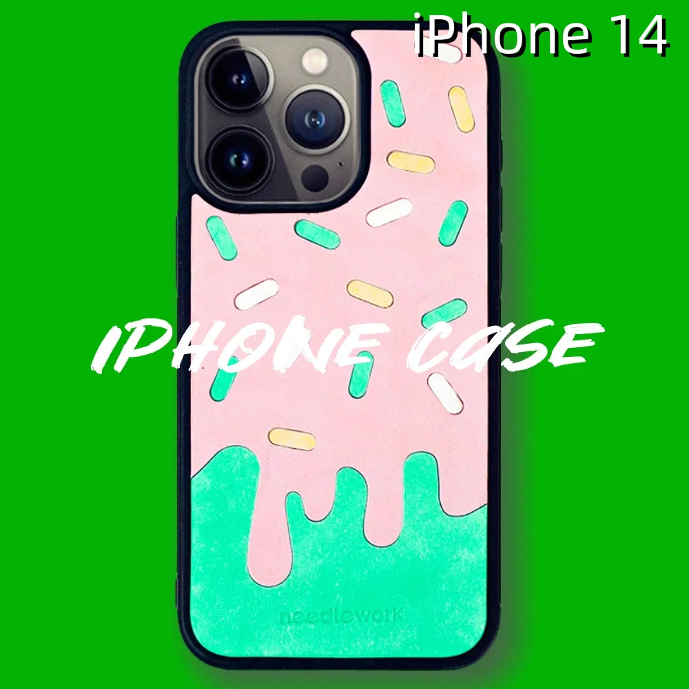 iPhone 14 Leather Case | with Hand Made Ice Cream Design