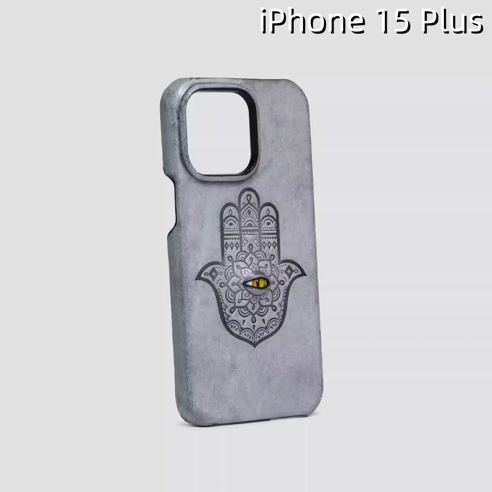 iPhone 15 Plus Leather Case | with 3D Eye and Hand Pattern