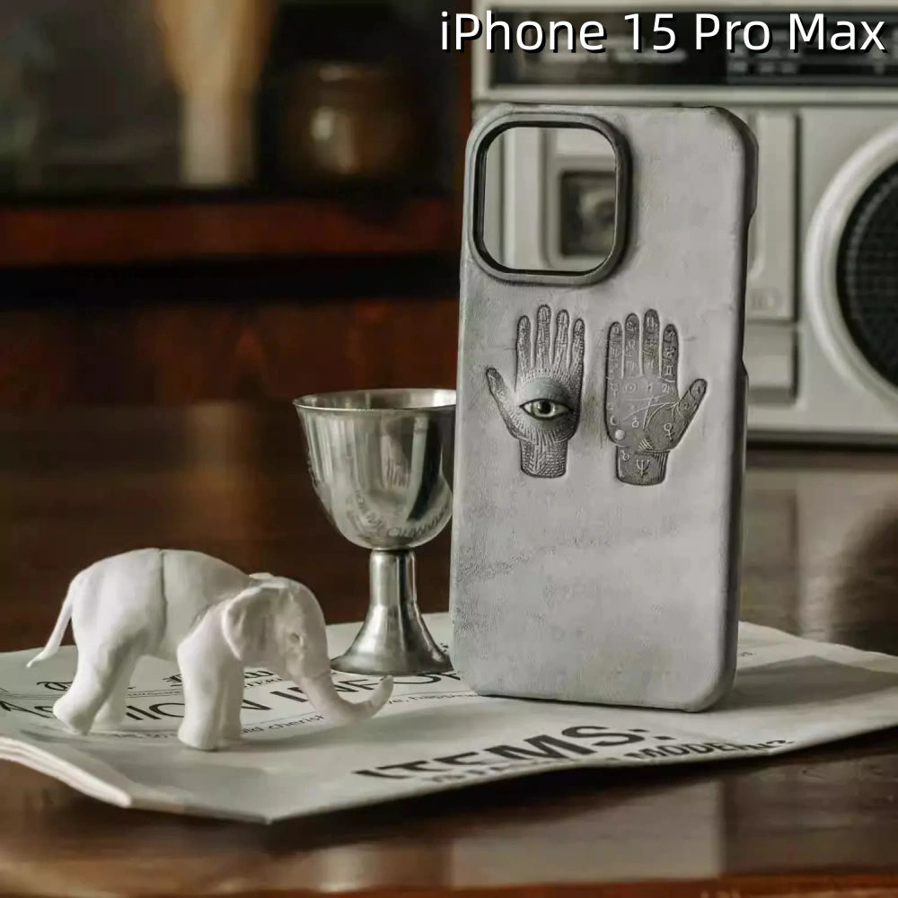 iPhone 15 Pro Max Leather Case | with 3D Eye and Hand Pattern