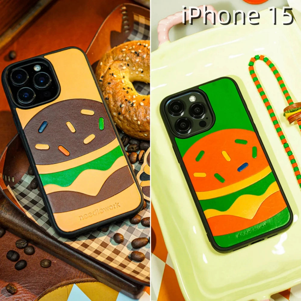 iPhone 15 Leather Case | with Hand Made Hamburger Design