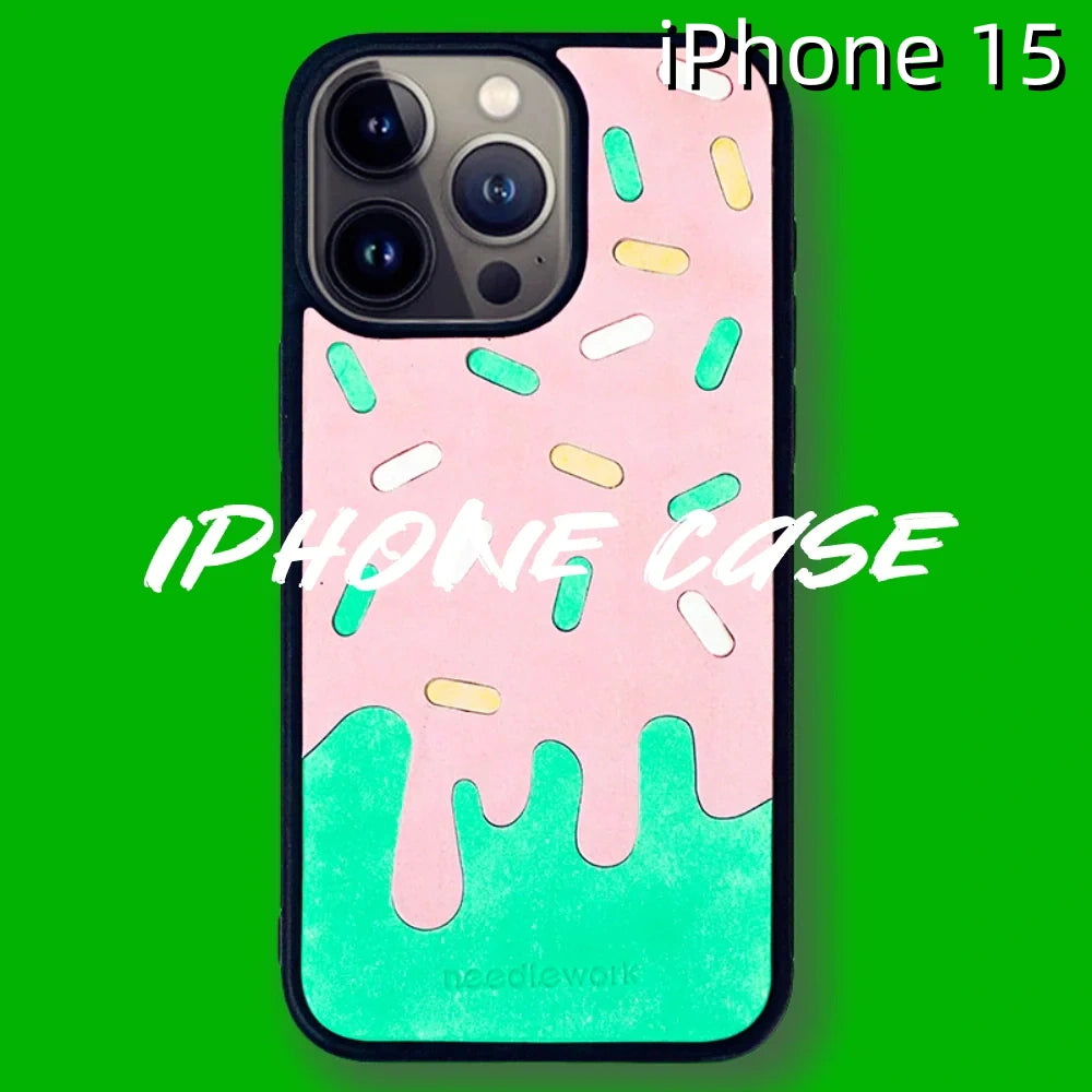 iPhone 15 Leather Case | with Hand Made Ice Cream Design