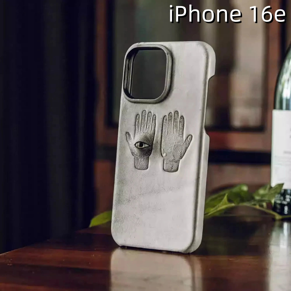 iPhone 16e Leather Case | with 3D Eye and Hand Pattern