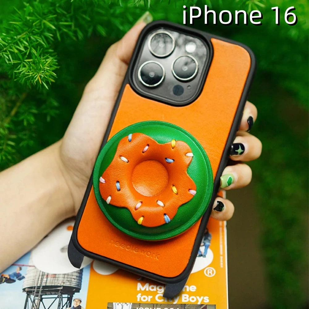 iPhone 16 Leather Case | with Strap Crossbody and Donut Design