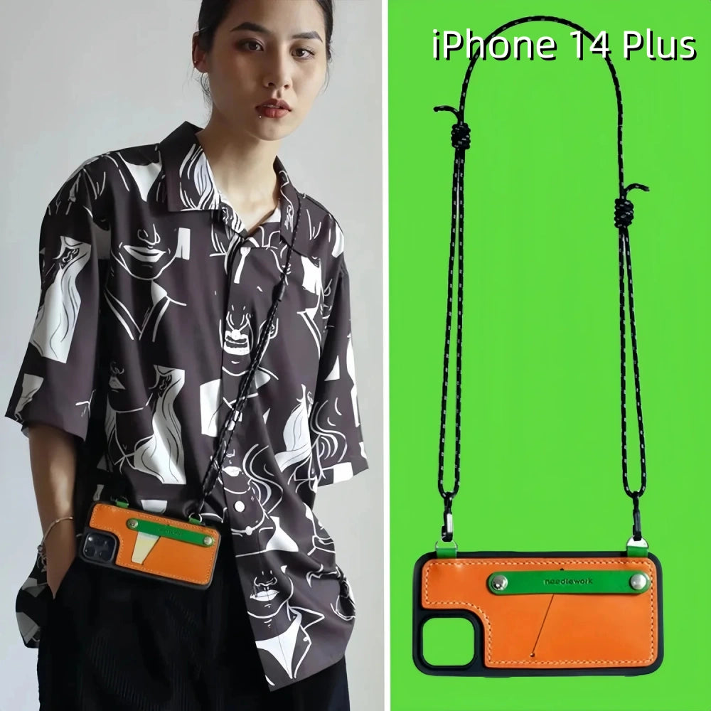 iPhone 14 Plus Case | Leather Strap Crossbody Card