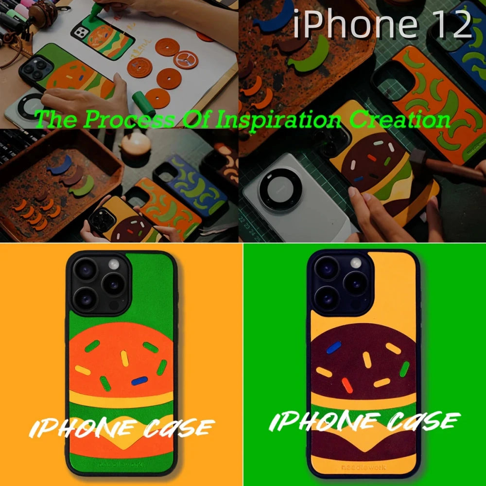 iPhone 12 Leather Case | with Hand Made | Hamburger Design