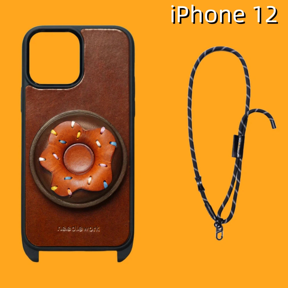 iPhone 12 Leather Leather Case | with Strap Crossbody and Donut Design