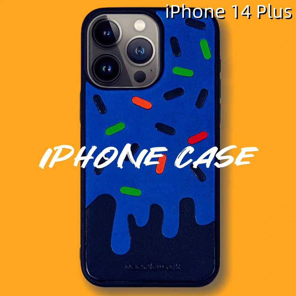 iPhone 14 Plus Leather Case | with Hand Made Ice Cream Design