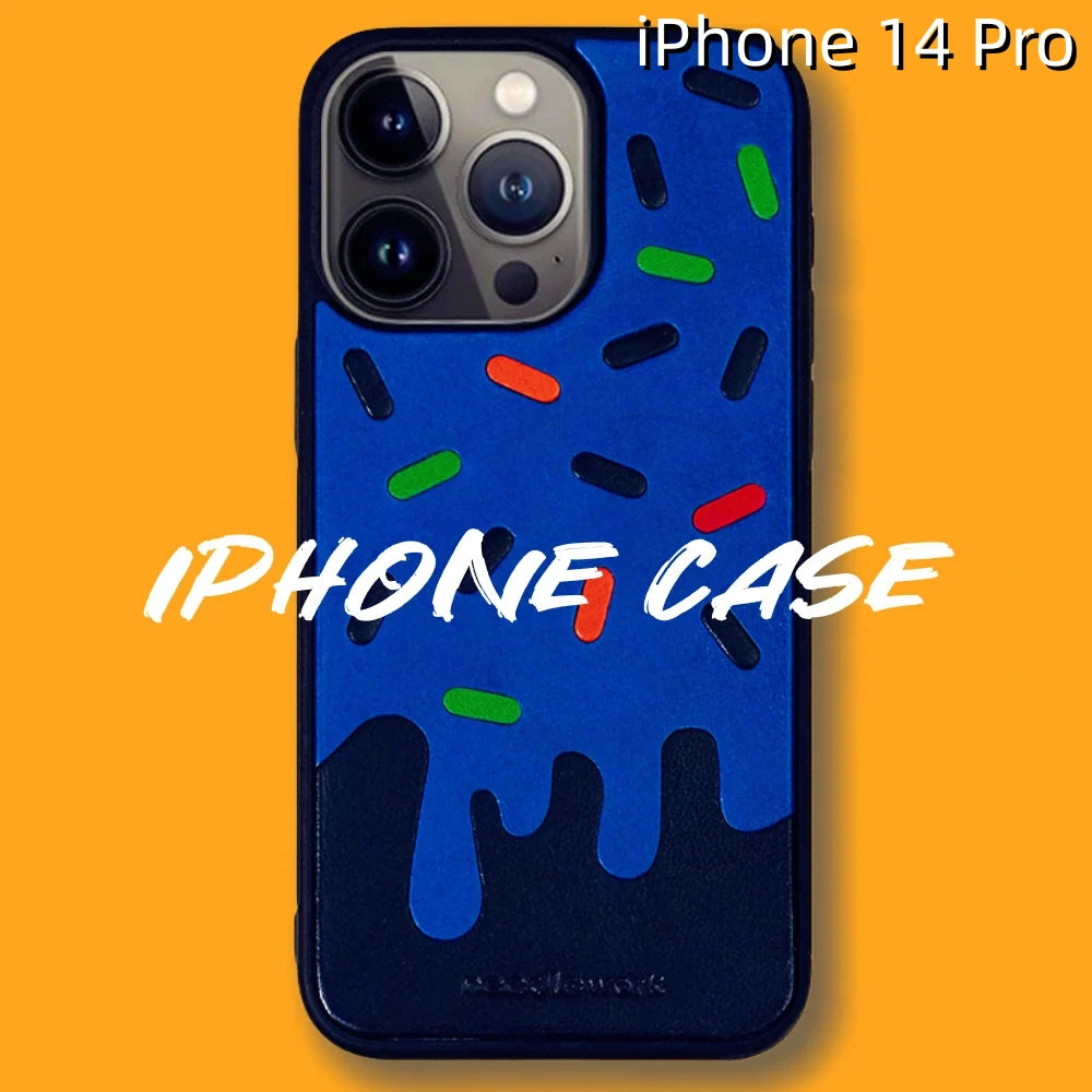 iPhone 14 Pro Leather Case | with Hand Made Ice Cream Design