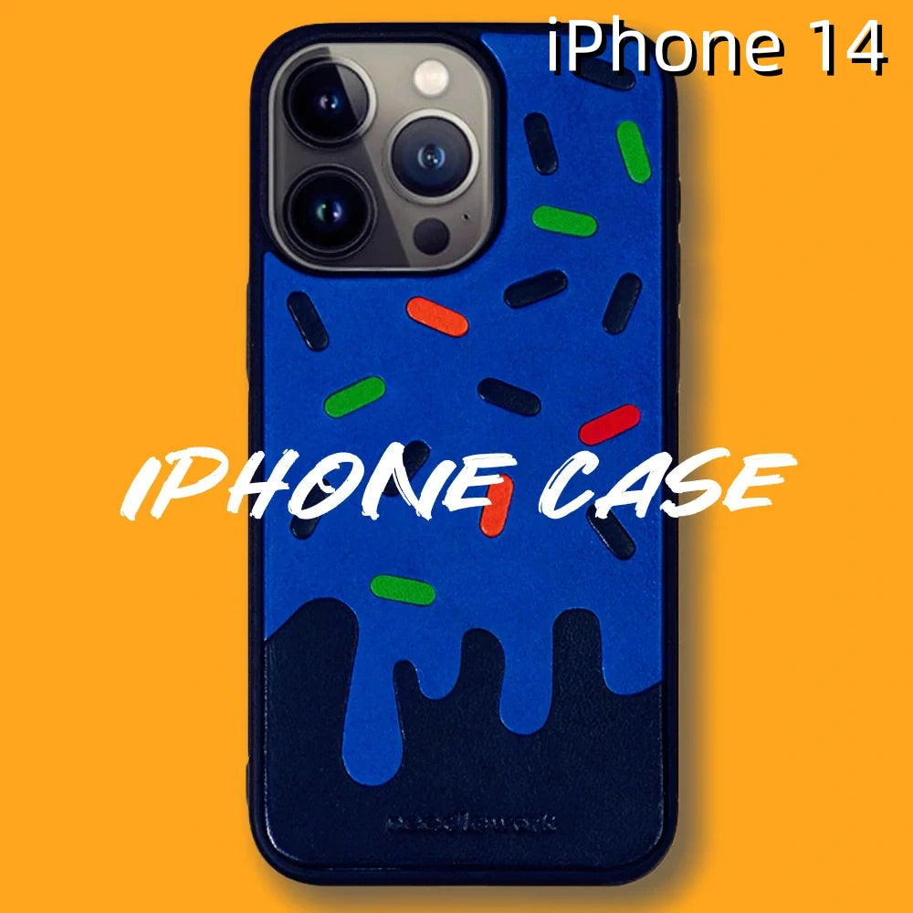 iPhone 14 Leather Case | with Hand Made Ice Cream Design