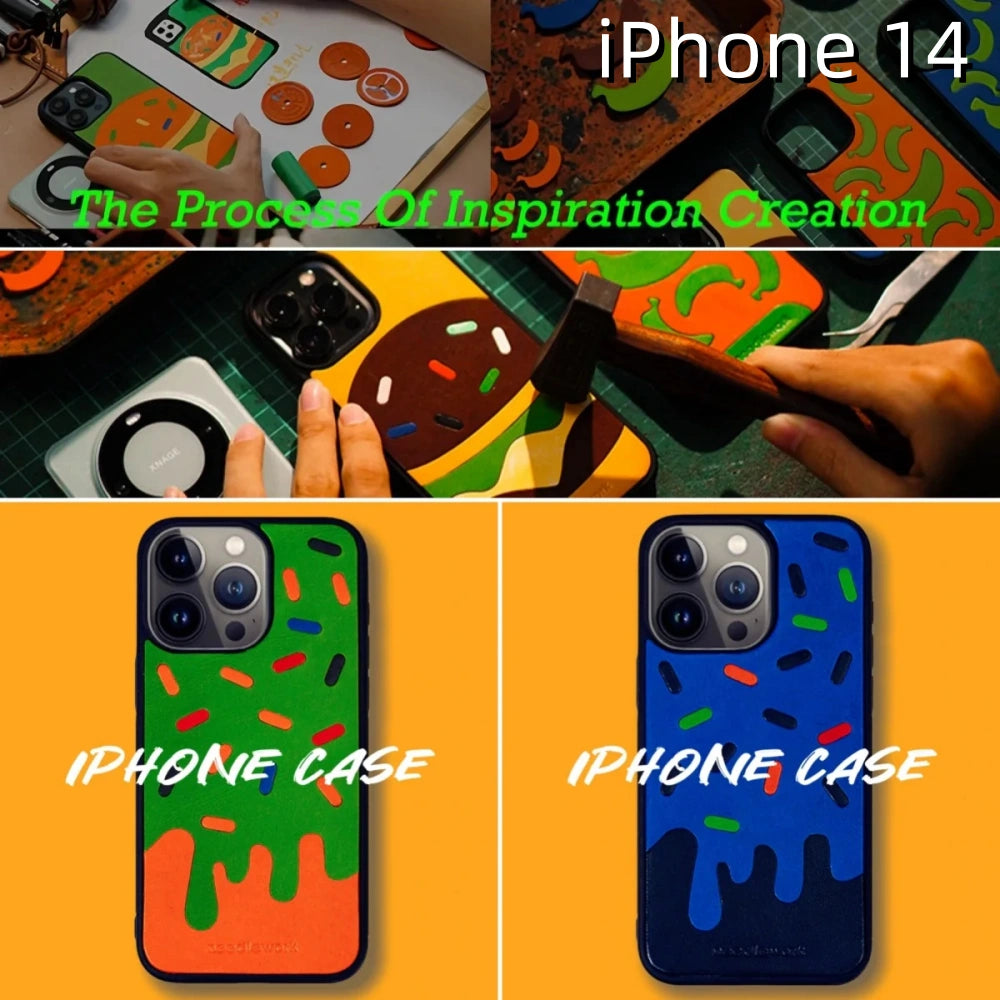 iPhone 14 Leather Case | with Hand Made Ice Cream Design