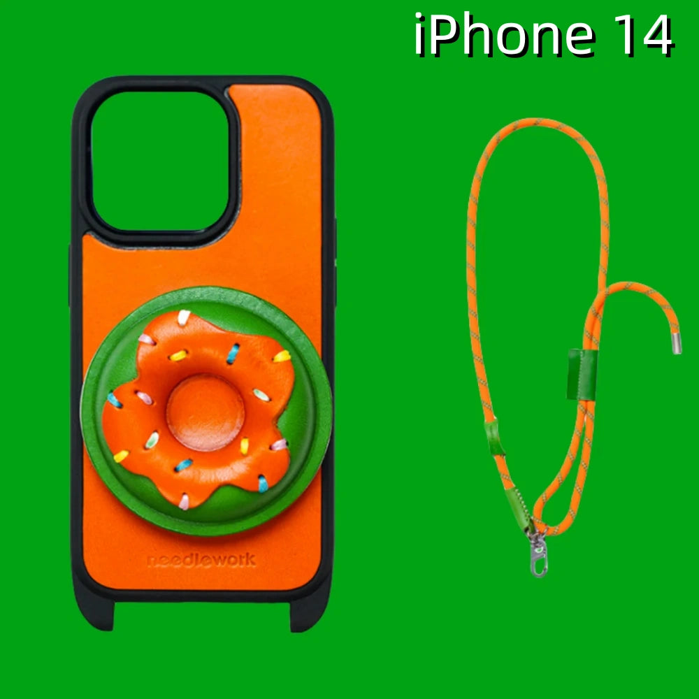 iPhone 14 Leather Case | with Strap Crossbody and Donut Design