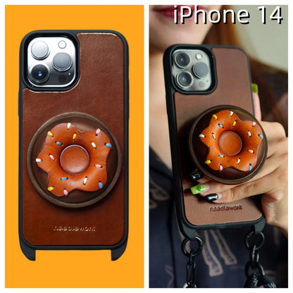 iPhone 14 Leather Case | with Strap Crossbody and Donut Design