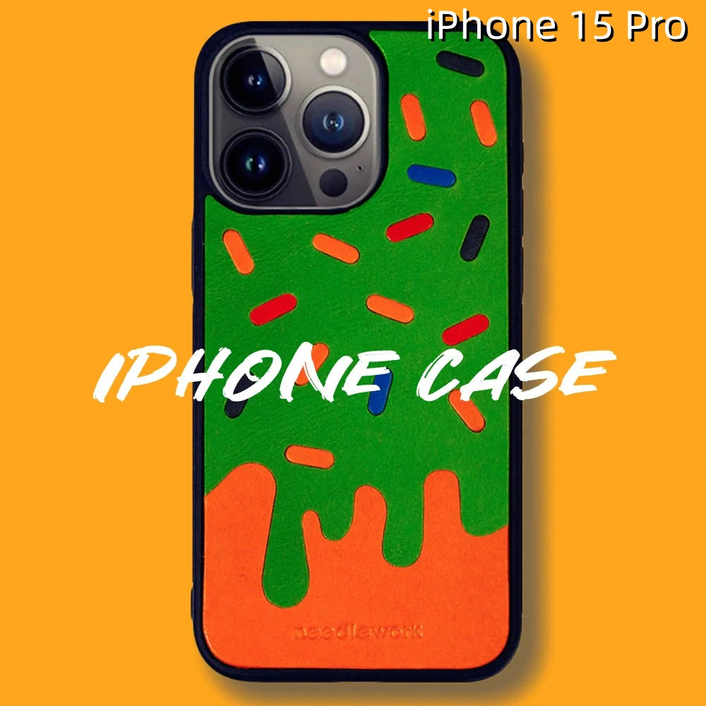 iPhone 15 Pro Leather Case | with Hand Made Ice Cream Design
