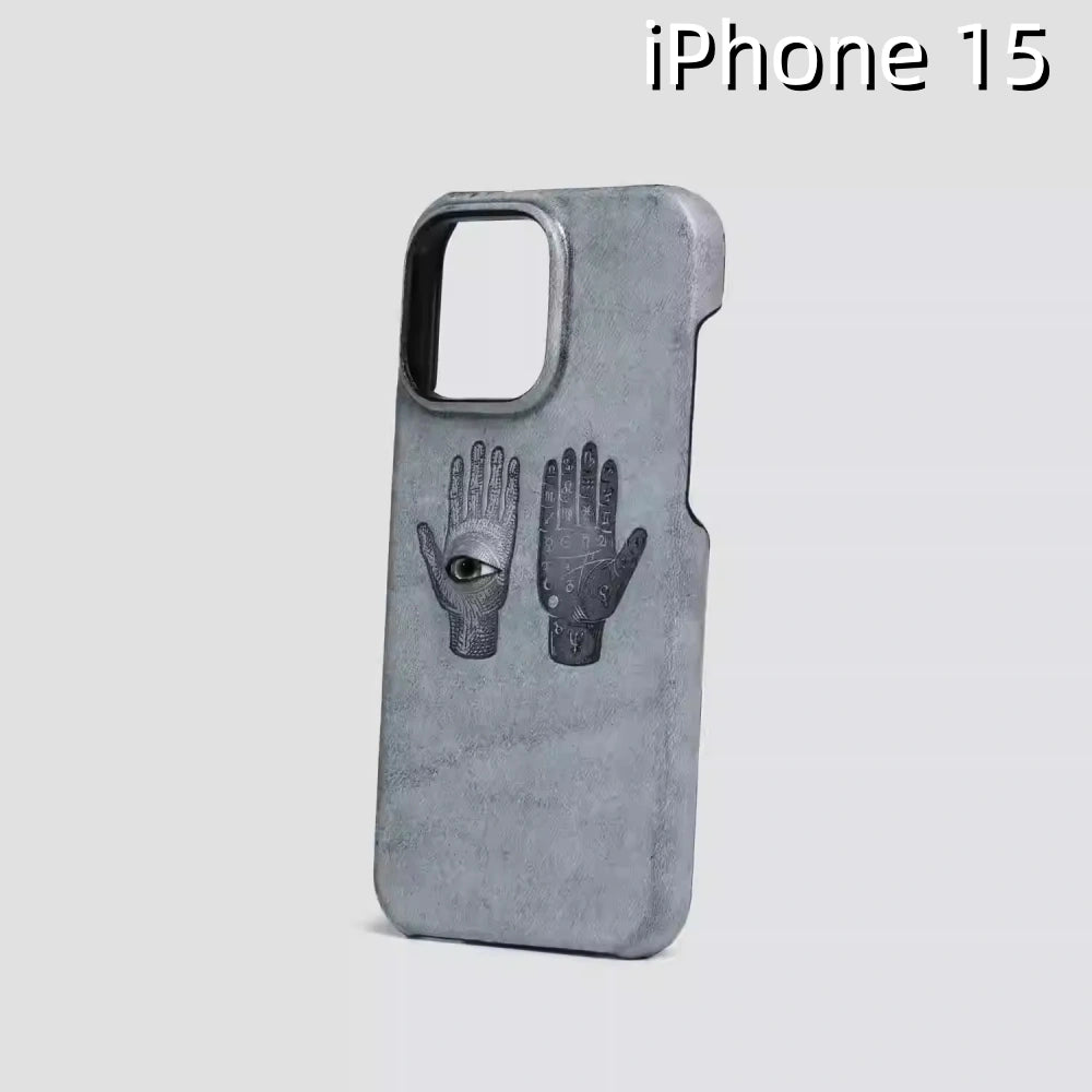 iPhone 15 Leather Case | with 3D Eye and Hand Pattern