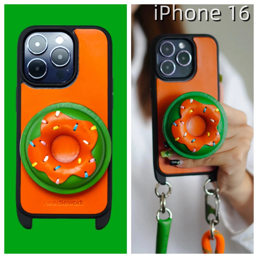 iPhone 16 Leather Case | with Handle Strap and Donut Design