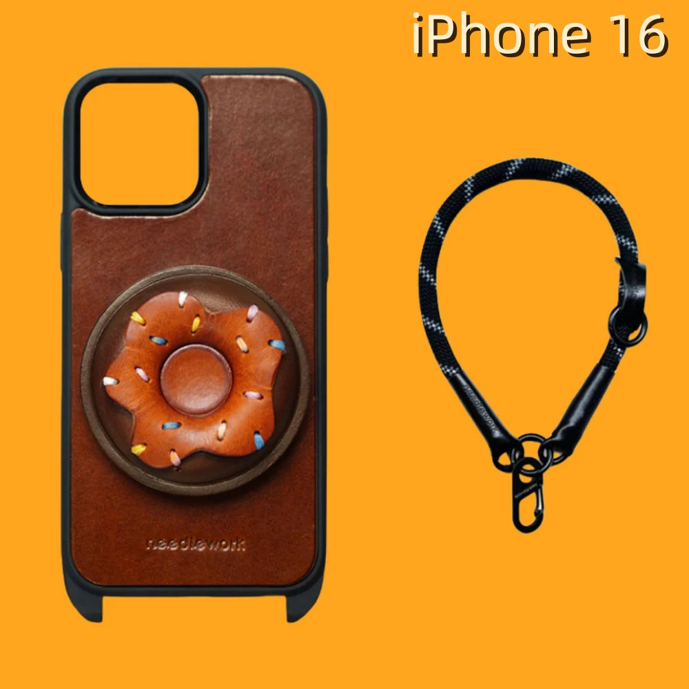 iPhone 16 Leather Case | with Handle Strap and Donut Design