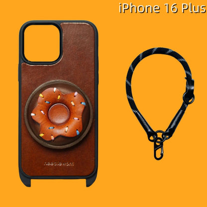 iPhone 16 Plus Leather Case | with Handle Strap and Donut Design