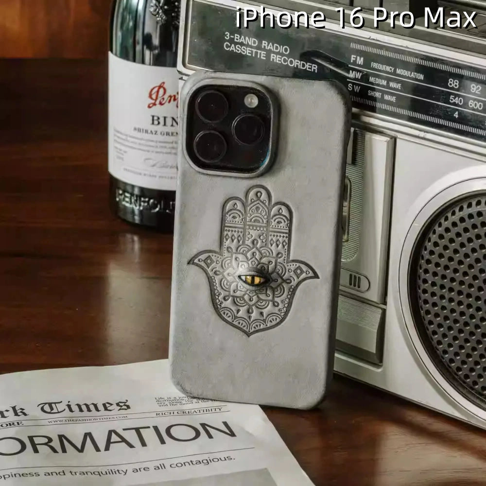 iPhone 16 Pro Max Leather Case | with 3D Eye and Hand Pattern