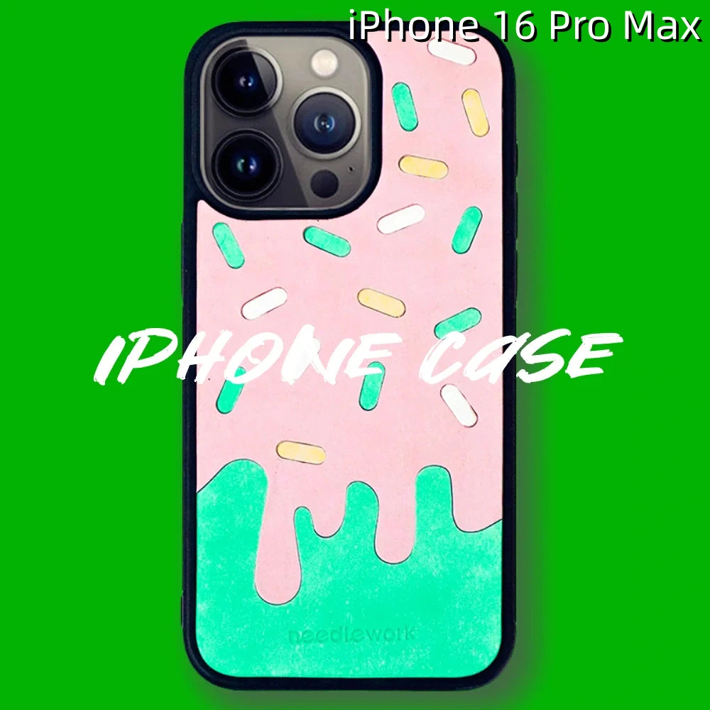 iPhone 16 Pro Max Leather Case | with Hand Made Ice Cream Design