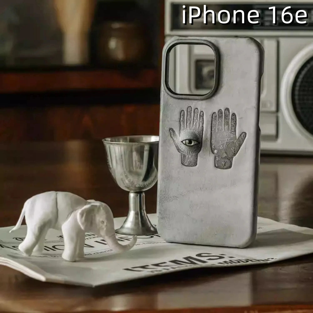 iPhone 16e Leather Case | with 3D Eye and Hand Pattern