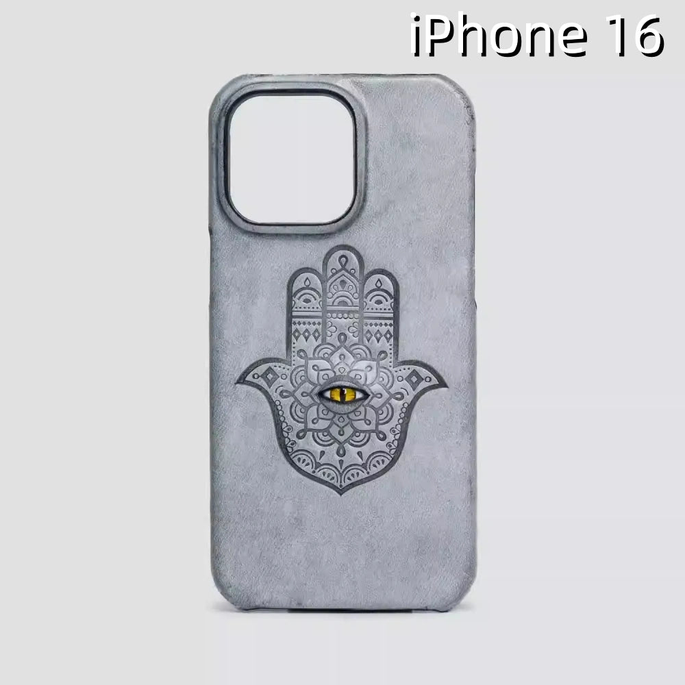 iPhone 16 Leather Case | with 3D Eye and Hand Pattern