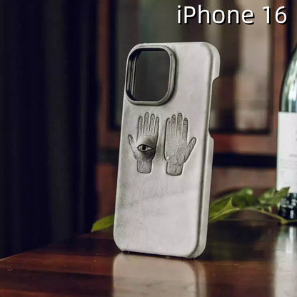 iPhone 16 Leather Case | with 3D Eye and Hand Pattern