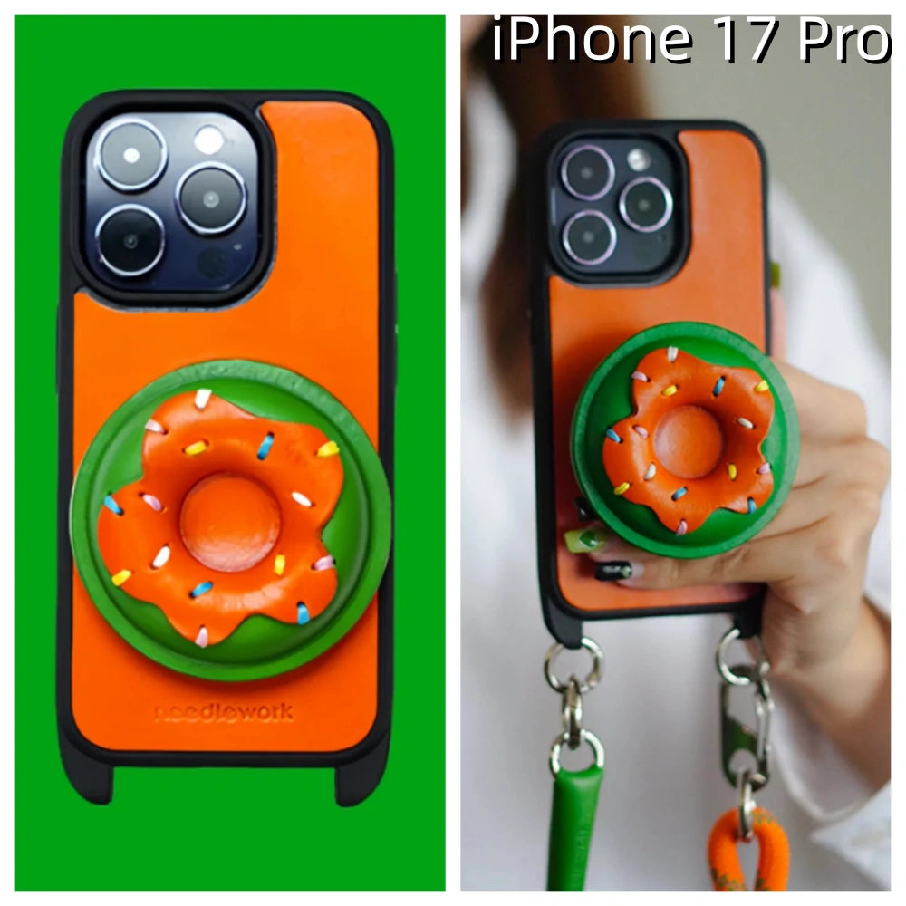 iPhone 17 Pro Leather Case | with Removable Handle Strap and Donut Design
