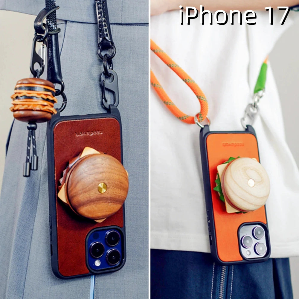 iPhone 17 Leather Case | with Removable Hand Grip | Hamburger Design