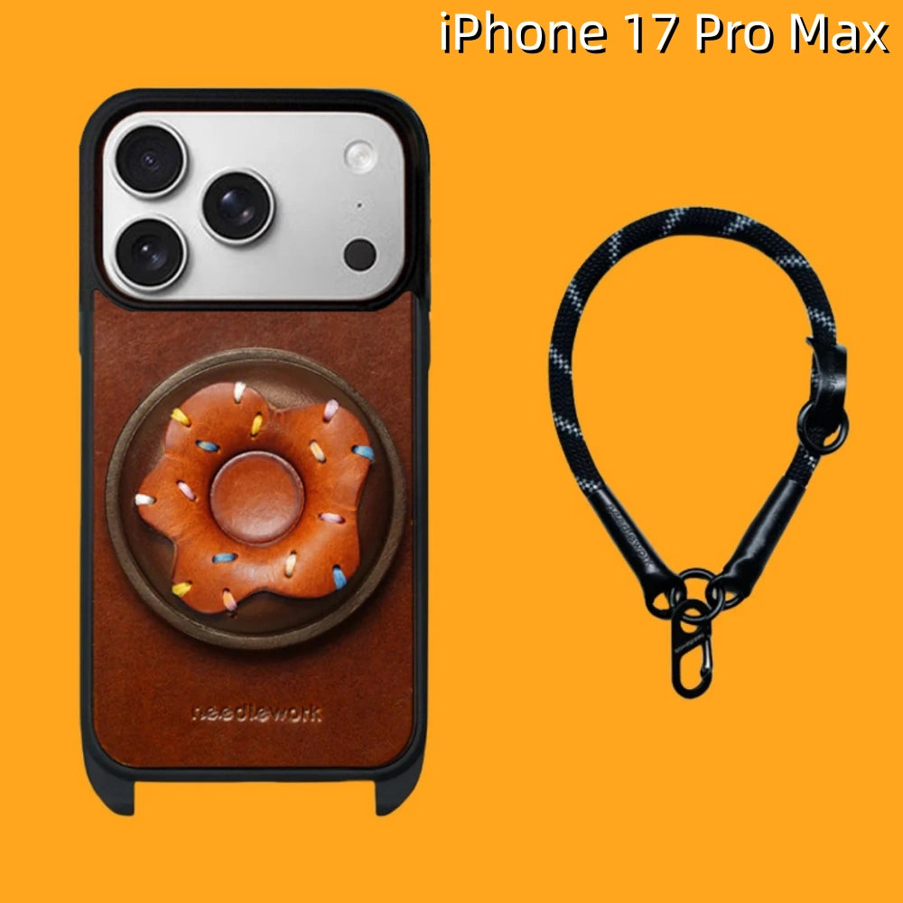 iPhone 17 Pro Max Leather Case | with Removable Handle Strap and Donut Design